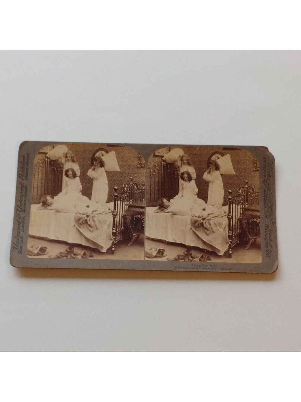 Antique Stereograph Card Victorian Pillow Fight 1900
